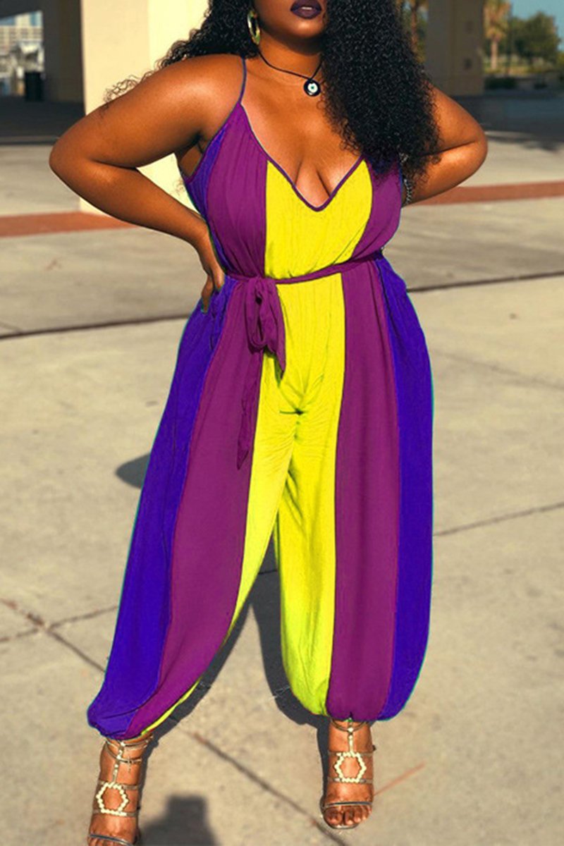 Plus Size Color Block Belted Lantern Jumpsuit