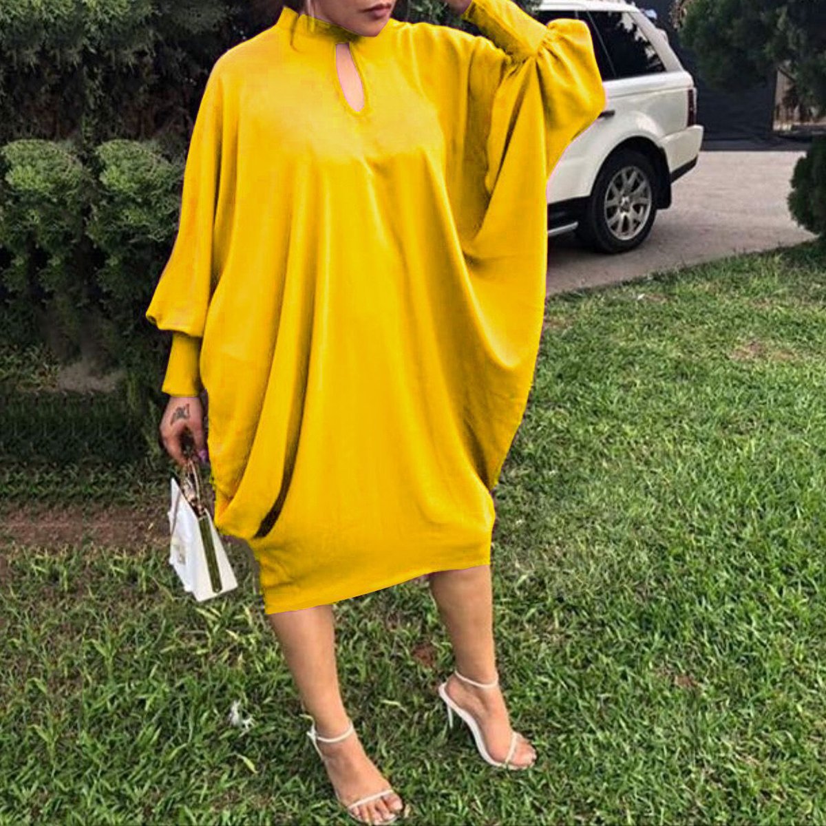 Plus Size Batwing Sleeve Solid Color Midi Dress