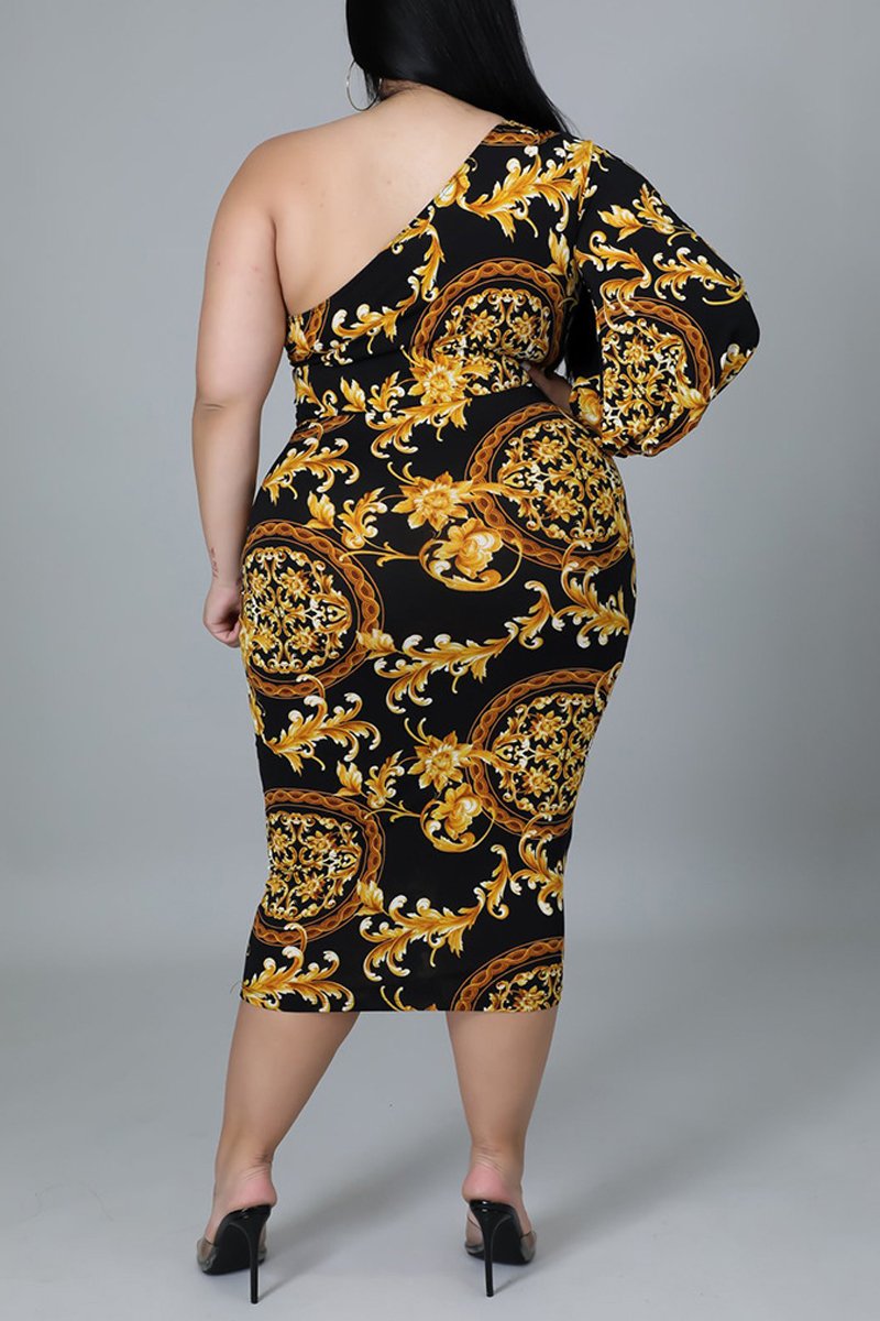 Plus Size Digital Print One Sleeve Midi Dress