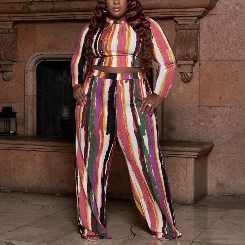 Plus Size Digital Print Colorful Two Piece Sets