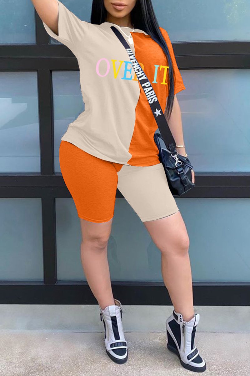 Plus Size Color Block Letter Print Top & Shorts