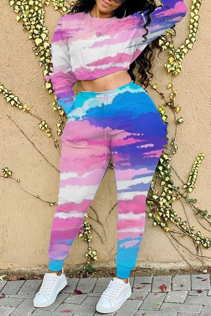 Plus Size Drawstring Waist Tie Dye Top & Pants
