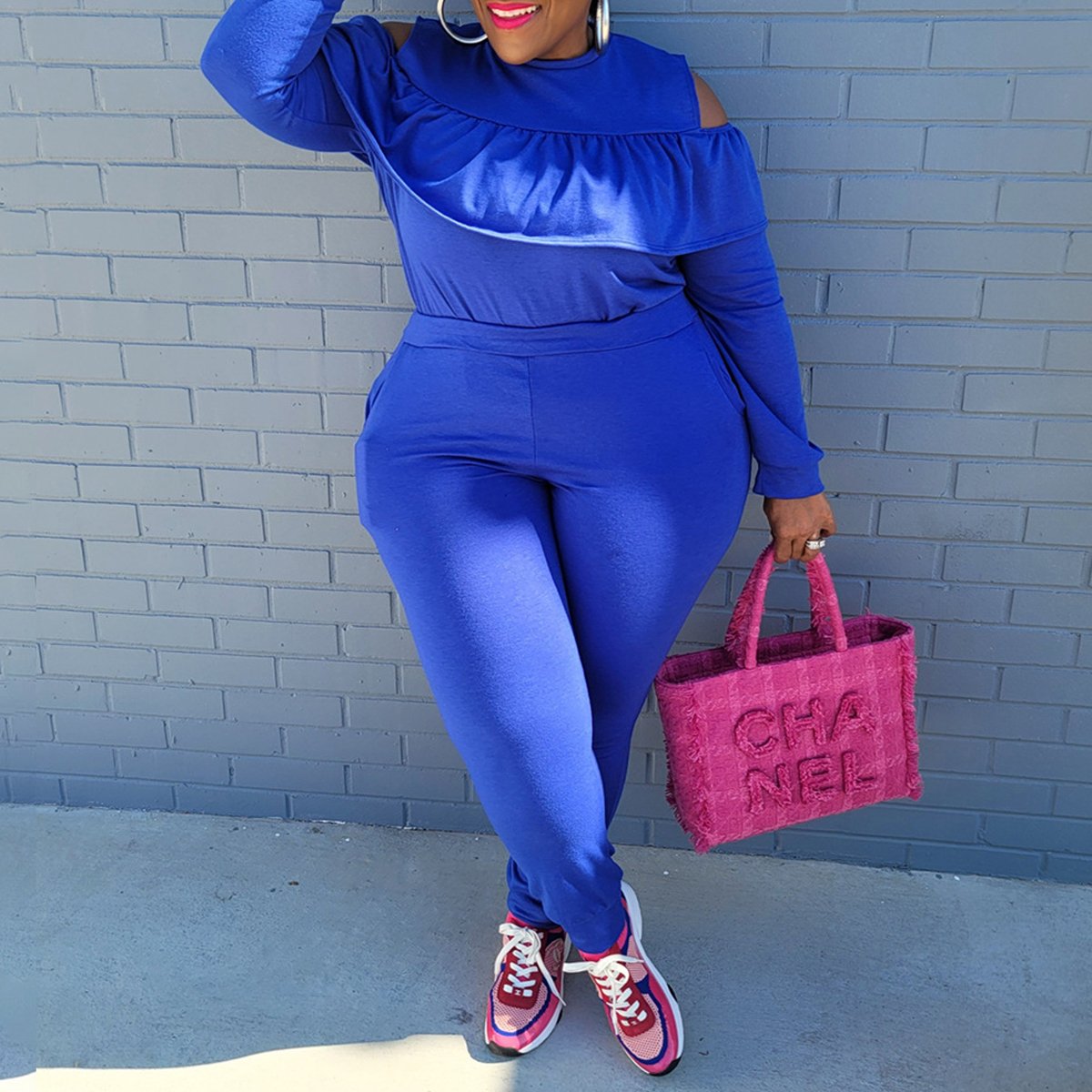 Plus Size Cold Shoulder Flounced Top & Pants
