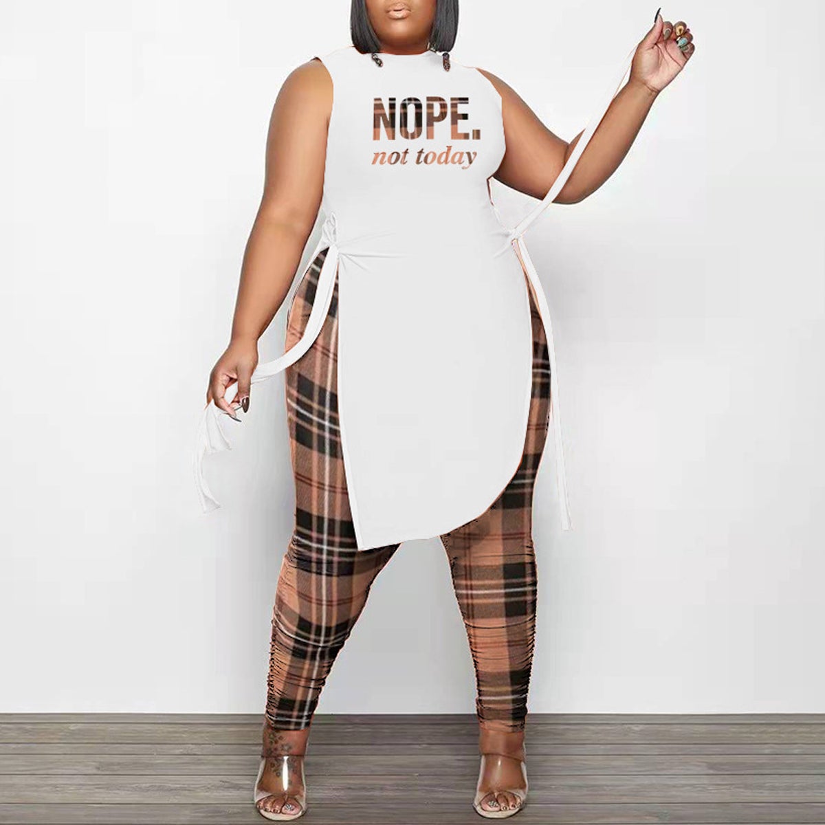 Plus Size Digital Print Side Bandage Two Piece Sets