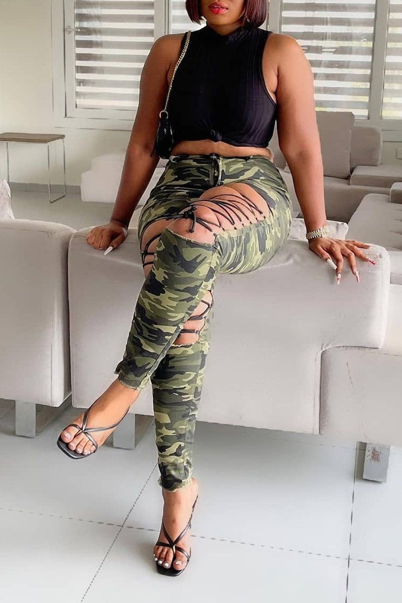 Plus Size Camouflage Bandage Pierced Pants