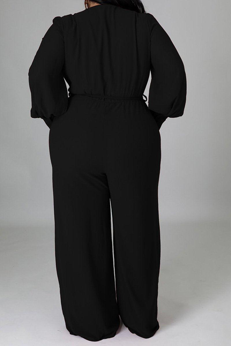 Plus Size Deep V-Neck Strapped Loose Jumpsuit
