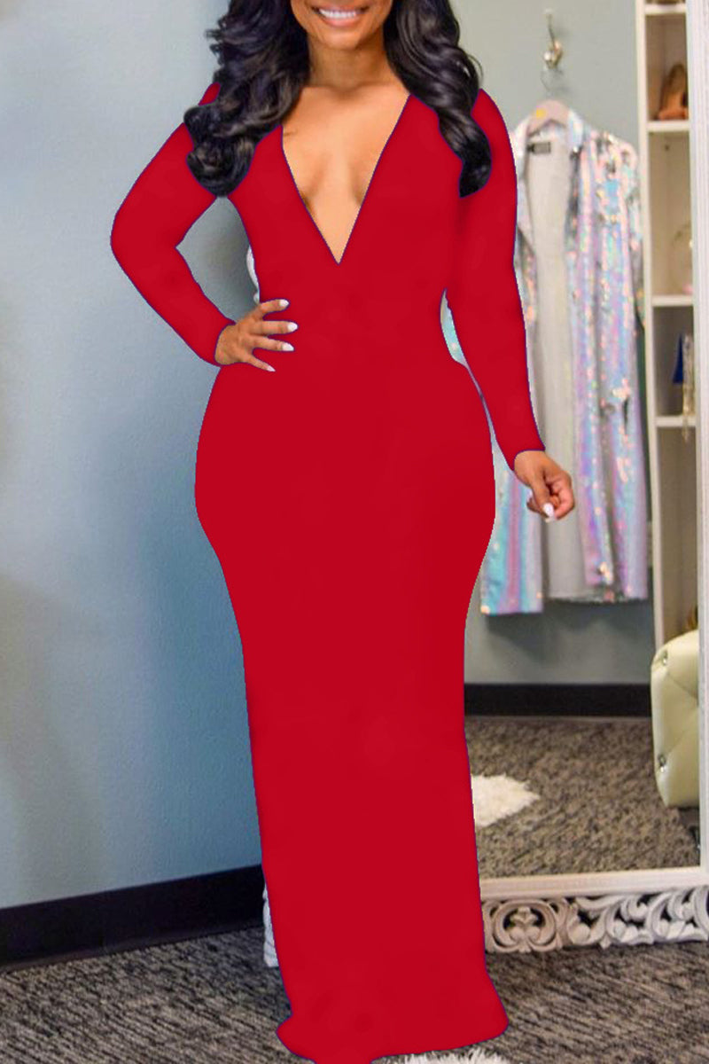 Plus Size Deep V Neck Solid Maxi Dress