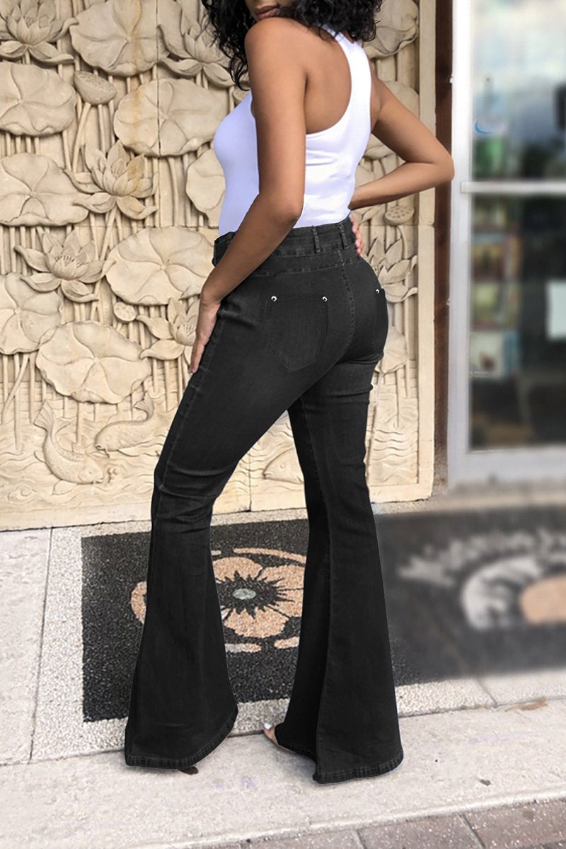 Plus Size Denim Flared Hem Solid Pants With Belt