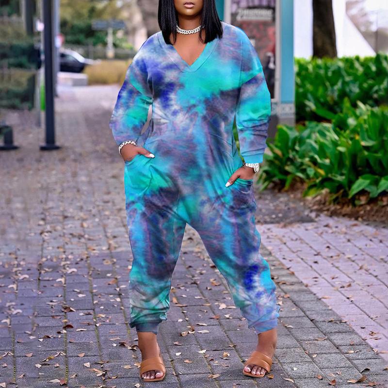 Plus Size Deep V-Neck Tie Dye Jumpsuit