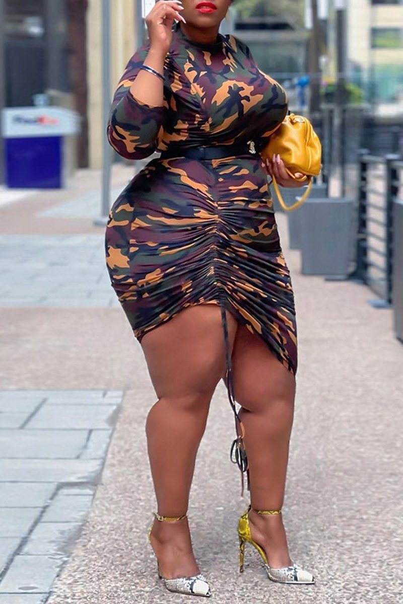 Plus Size Camouflage Print Dress Without Belt