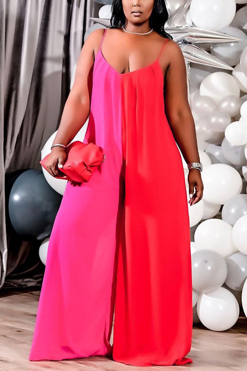 Plus Size Color Block Spaghetti Straps Jumpsuit