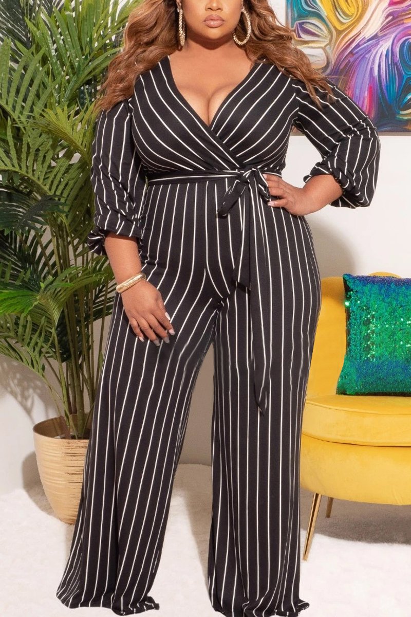 Plus Size Deep V Neck Belted Jumpsuit