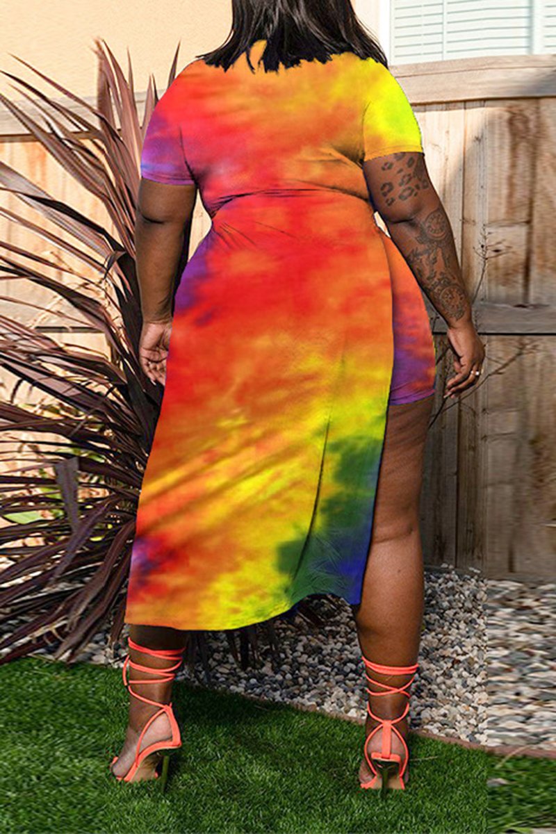 Plus Size Colorful Tie Dye High Slit Two Piece Dresses