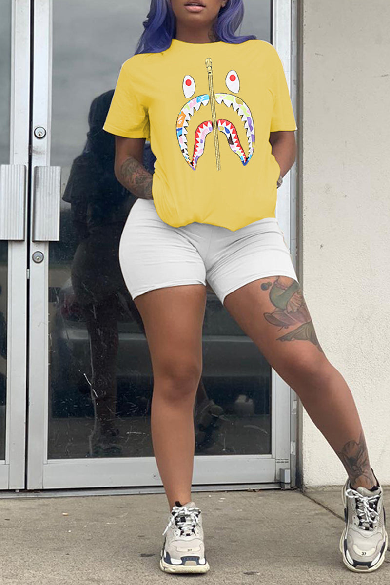 Plus Size Cartoon Pocket Top & Shorts