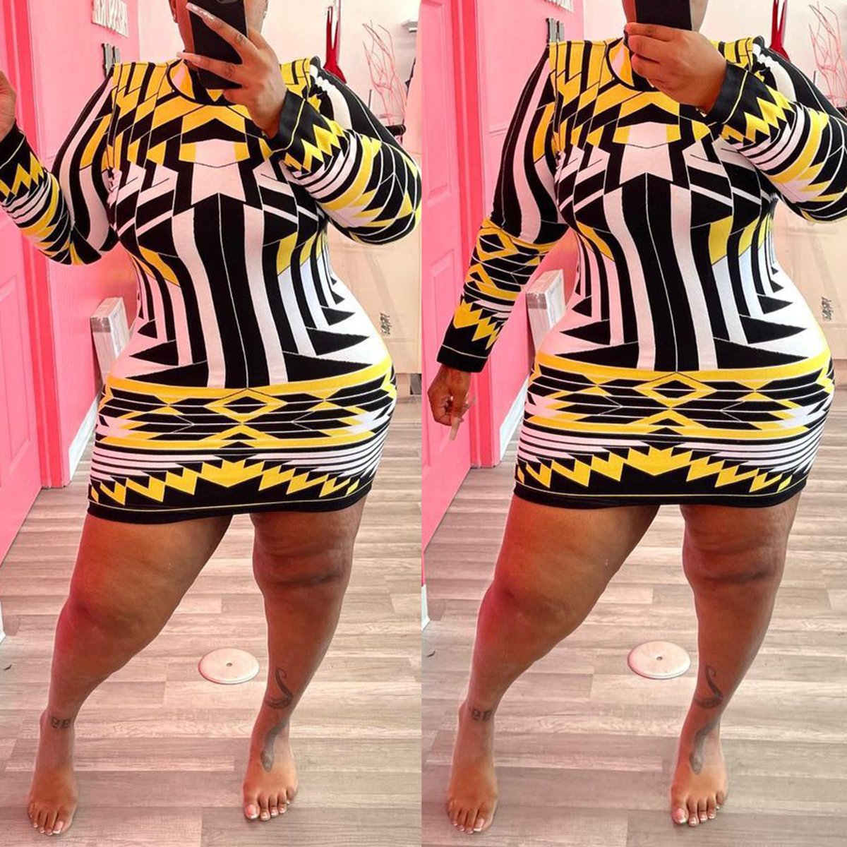 Plus Size Digital Print Long Sleeve Mini Dress
