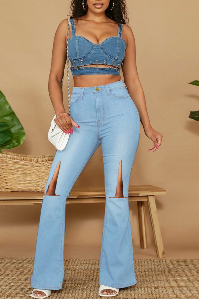 Plus Size Cutout Flared Hem Denim Pants
