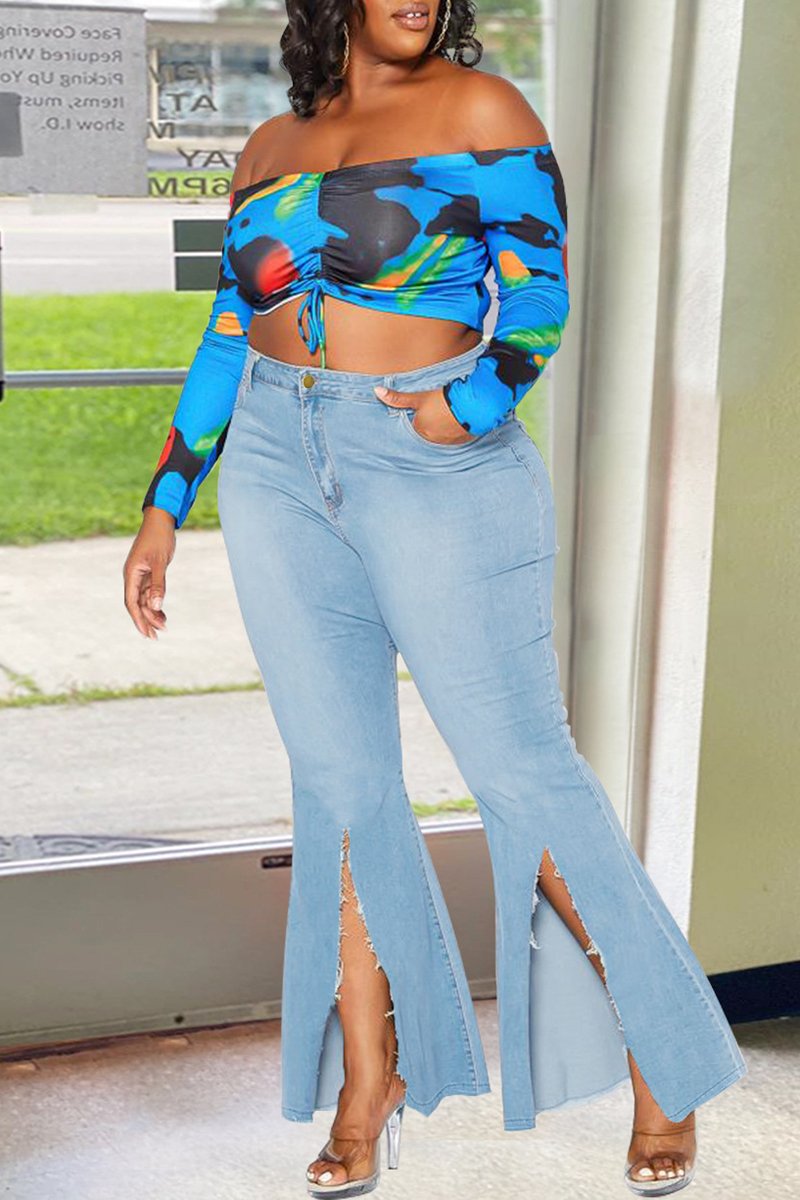 Plus Size Denim Flared Slit Hem Pants