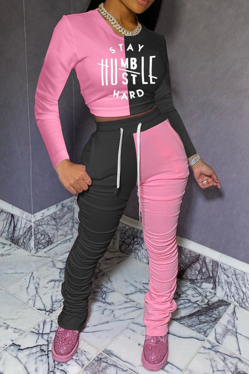 Plus Size Color Spliced Letter Drawstring Two Piece Sets