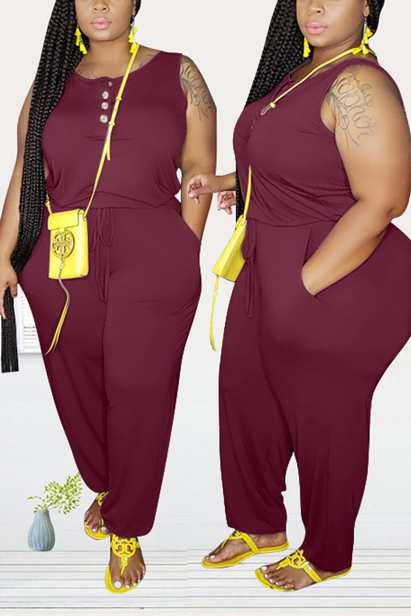 Plus Size Drawstring Waist Sleeveless Jumpsuit