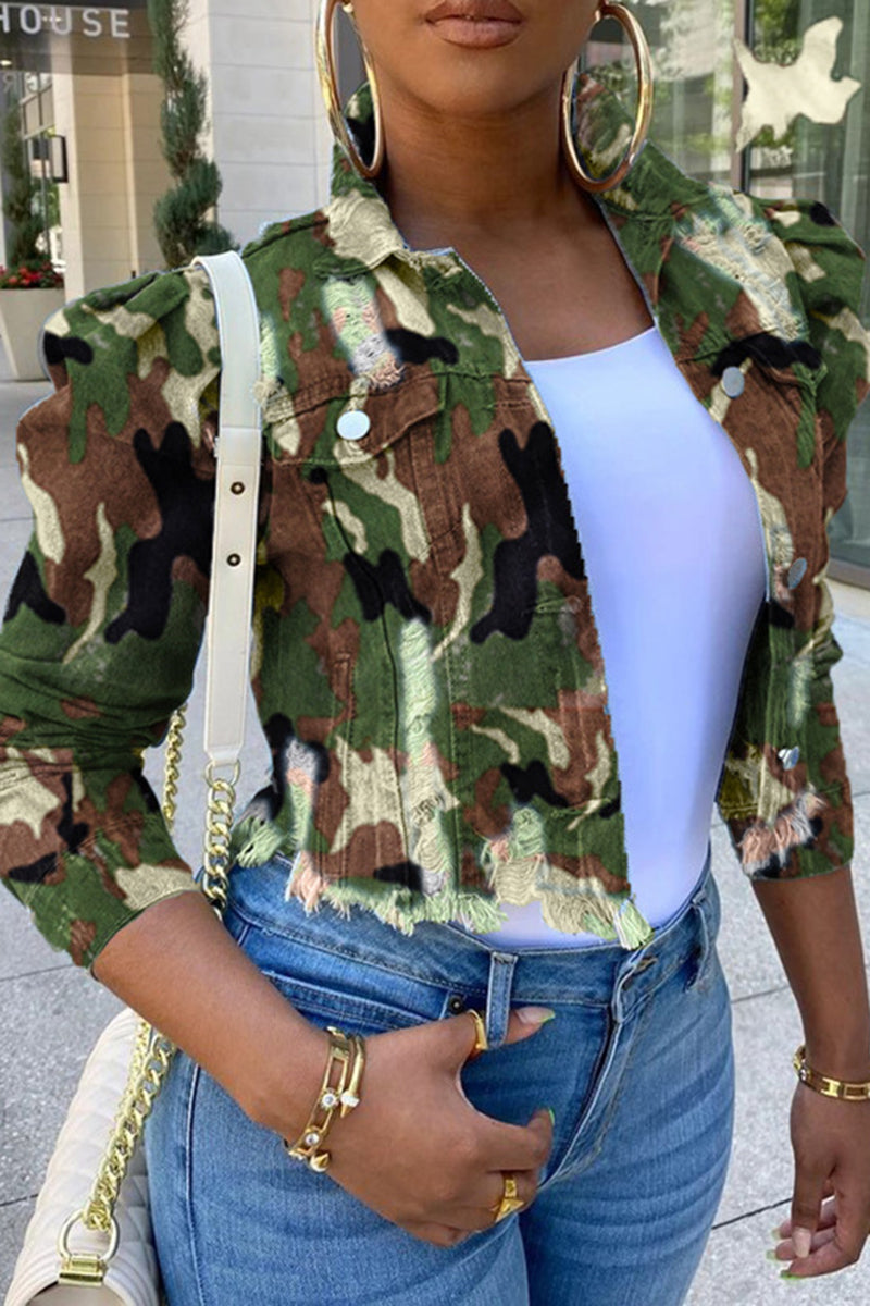 Plus Size Denim Camouflage Ruffled Jacket