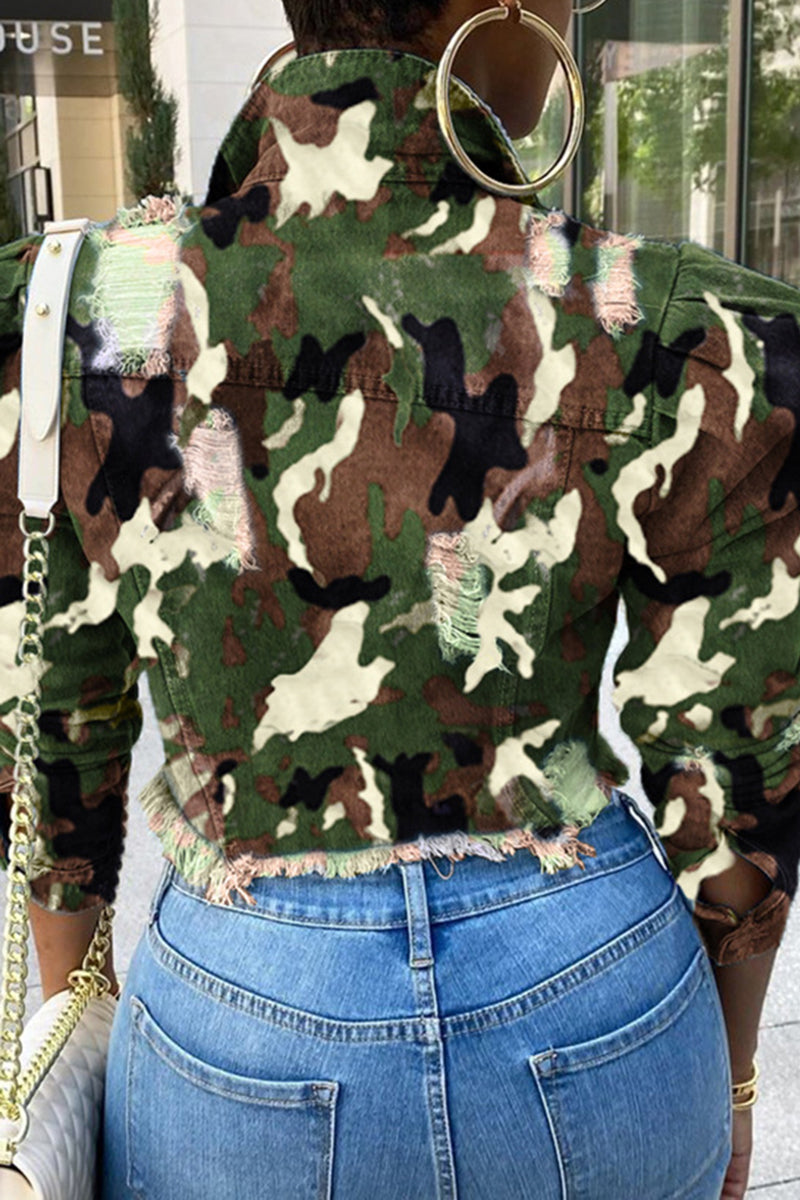 Plus Size Denim Camouflage Ruffled Jacket
