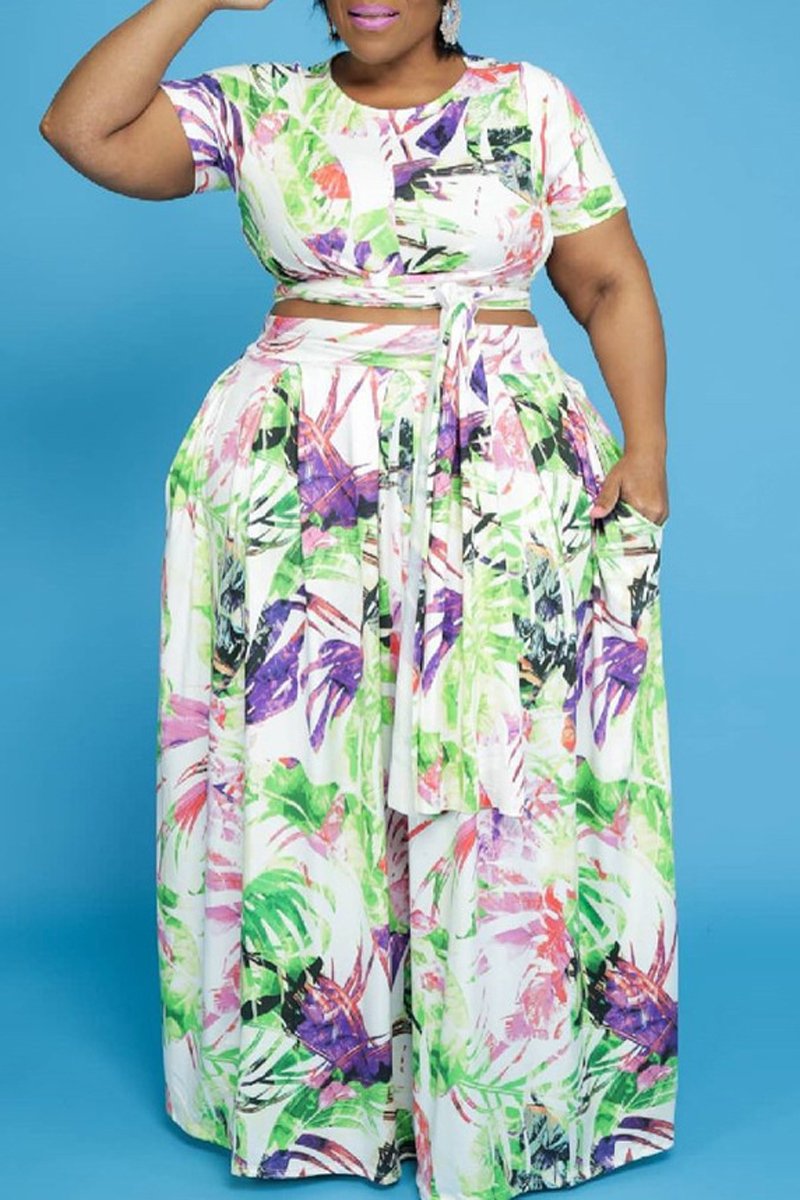 Plus Size Digital Print Lace-up Top & Skirt