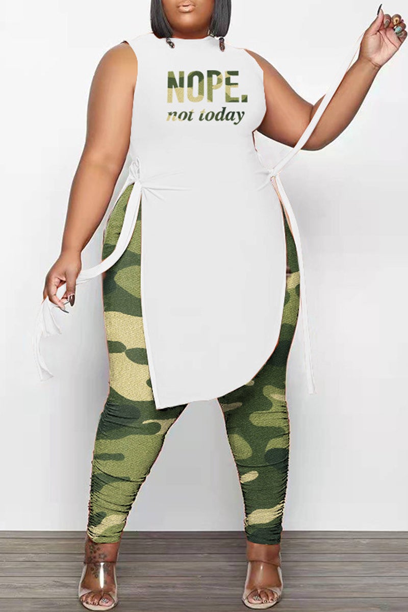 Plus Size Digital Print Side Bandage Two Piece Sets