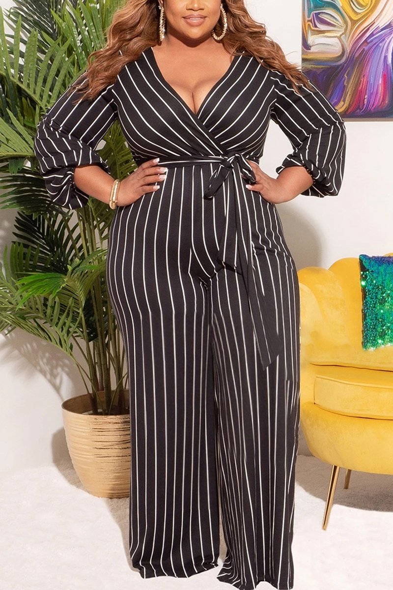 Plus Size Deep V Neck Belted Jumpsuit