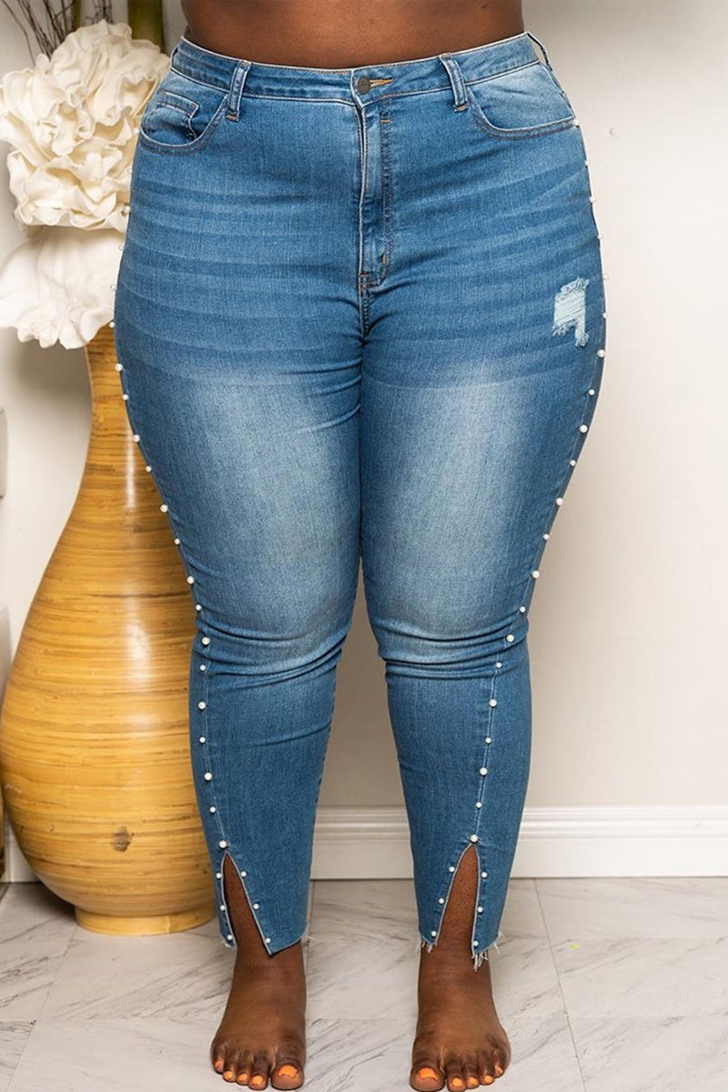 Plus Size Denim Slit Distressed Pants