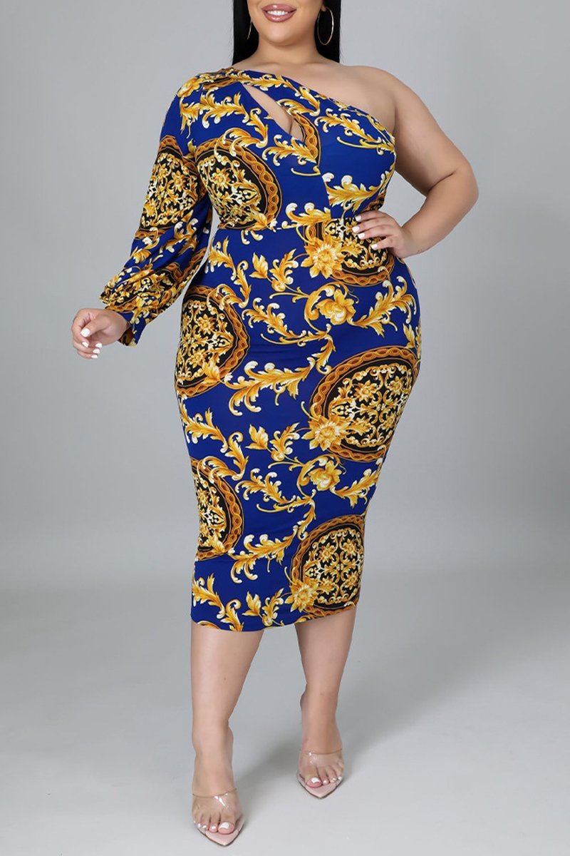 Plus Size Digital Print One Sleeve Midi Dress