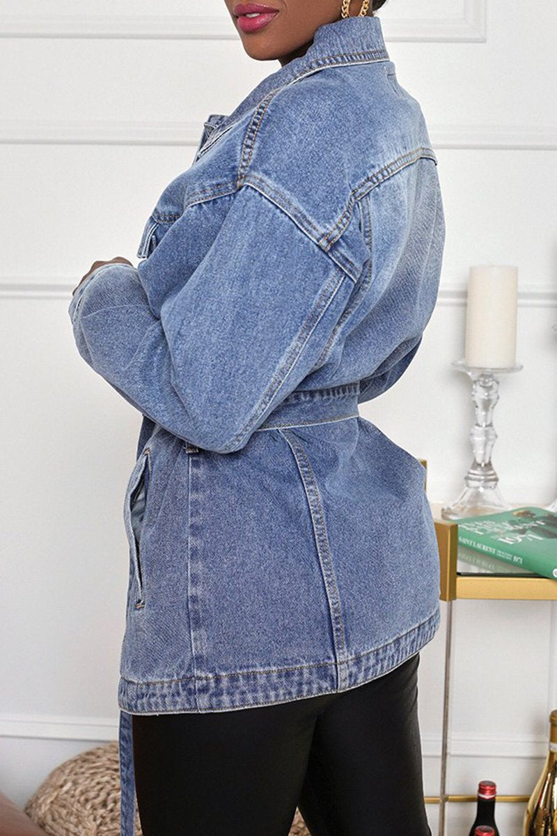 Plus Size Denim Pocket Casual Outerwear With Belt