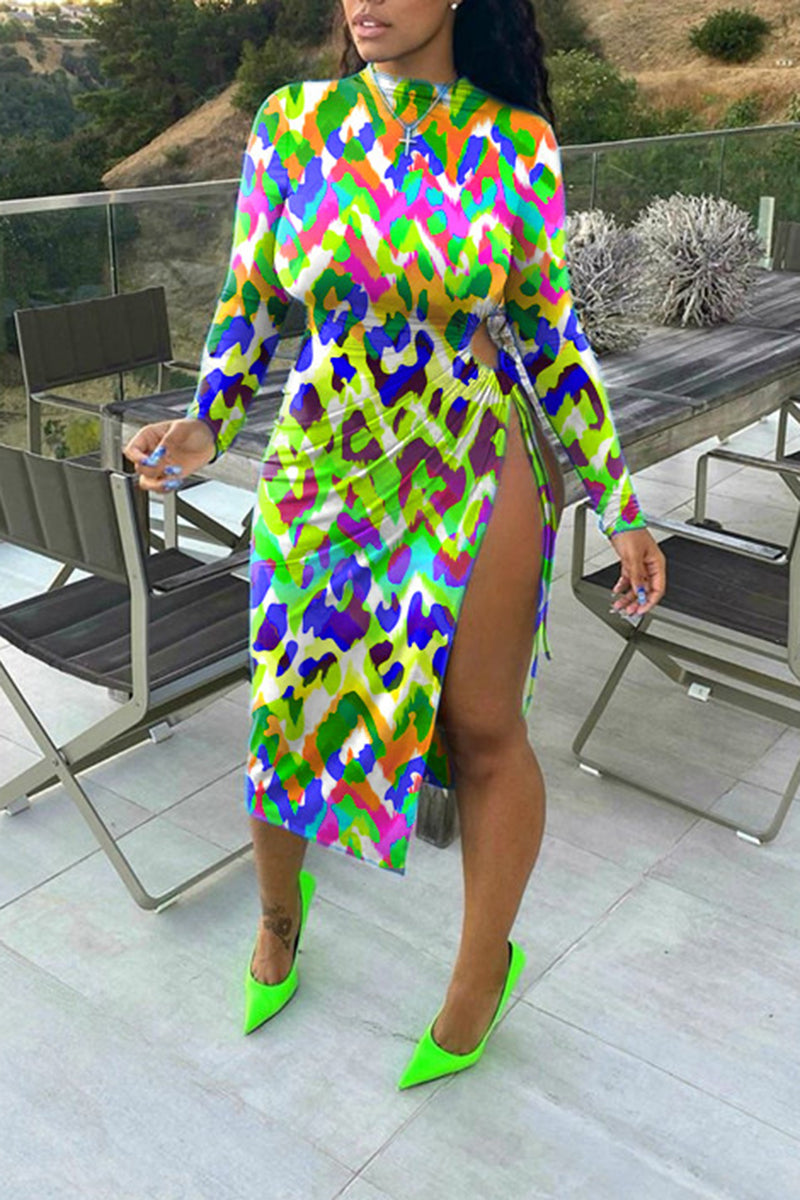 Plus Size Digital Print Side Slit Bodycon Midi Dress