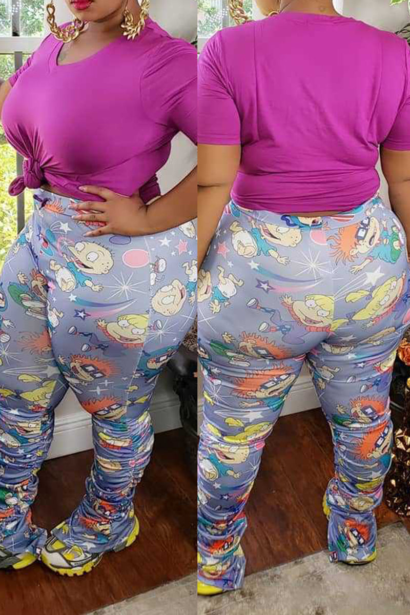 Plus Size Cartoon Print Casual Wrinkled Pants