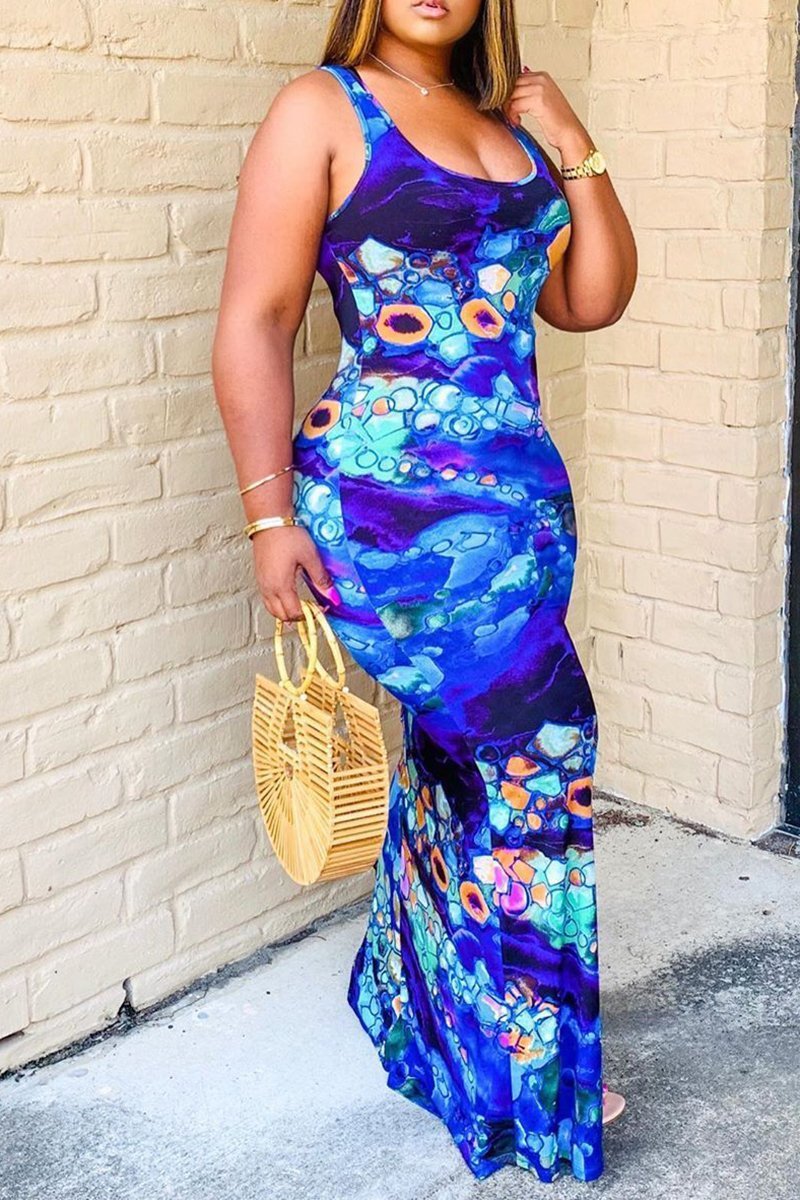 Plus Size Digital Print Scoop Neck Dress