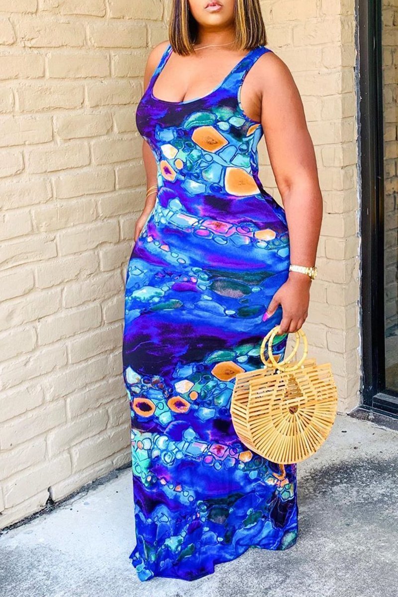 Plus Size Digital Print Scoop Neck Dress