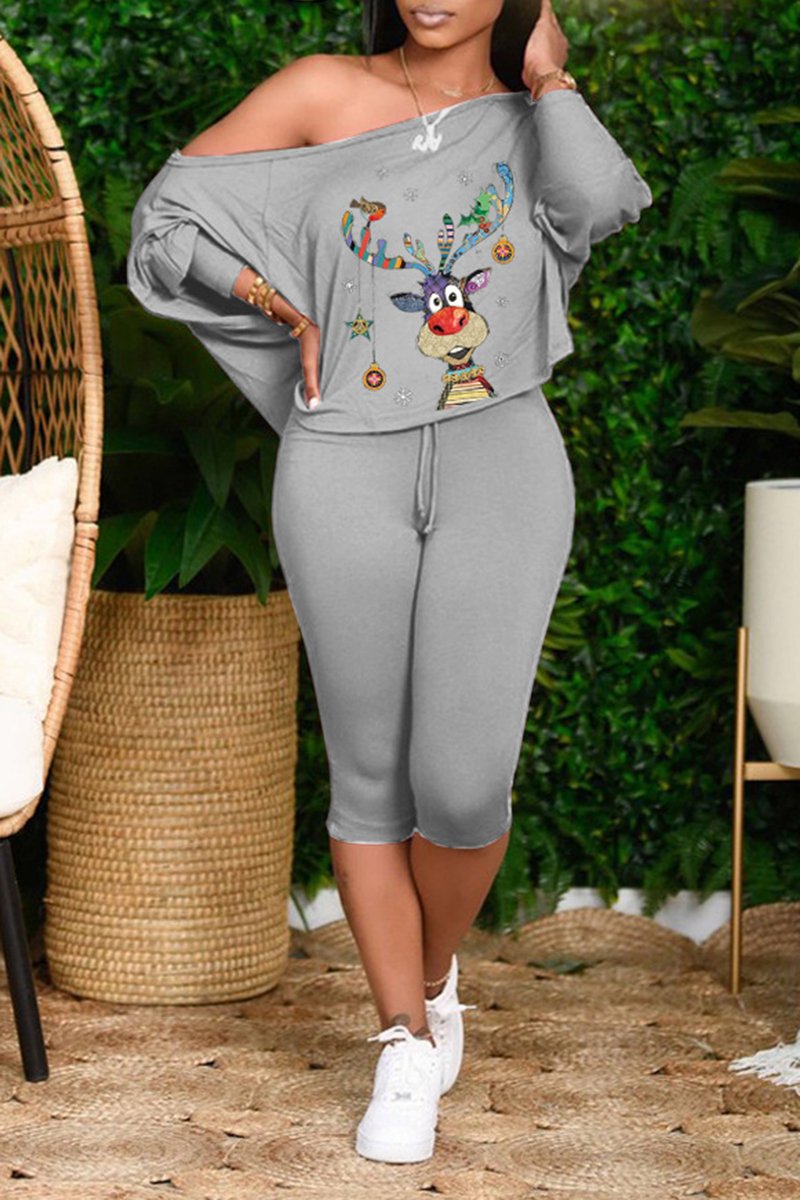 Plus Size Christmas Print Skew Neck Top & Pants