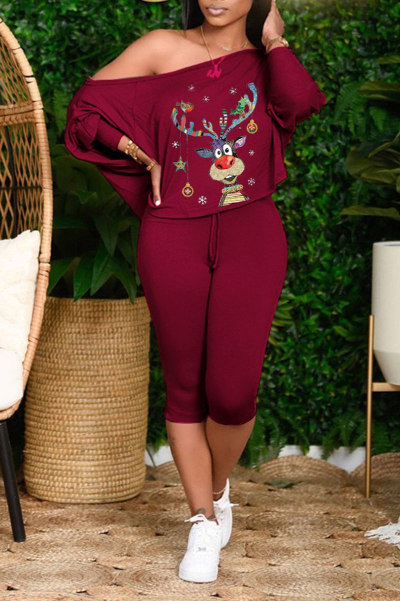 Plus Size Christmas Print Skew Neck Top & Pants