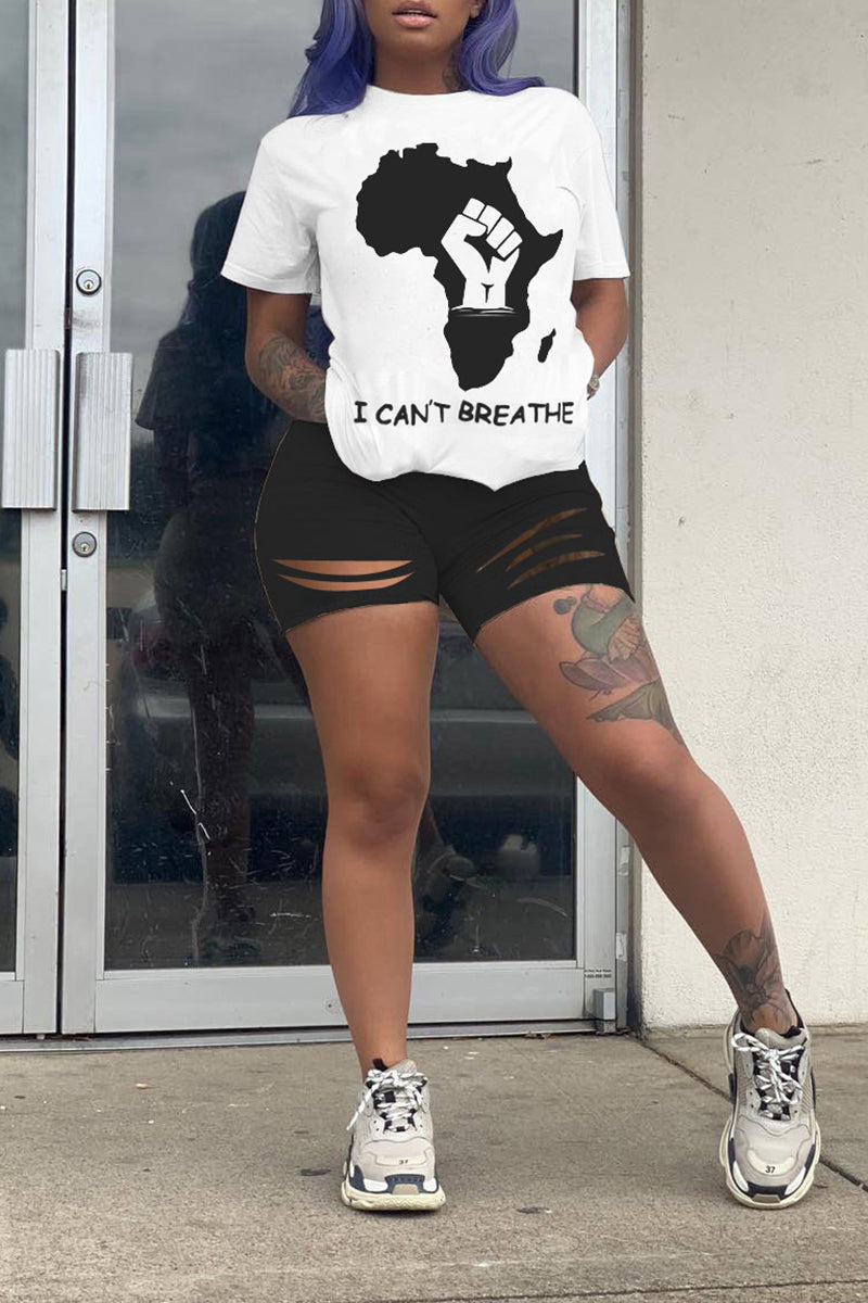 Plus Size Distressed Printed Pocket Top & Shorts
