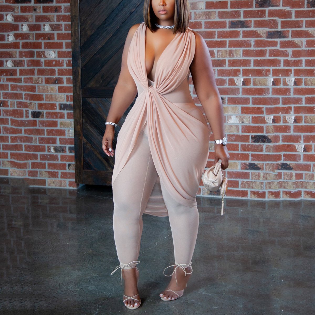 Plus Size Deep V Neck See-through Jumpsuit