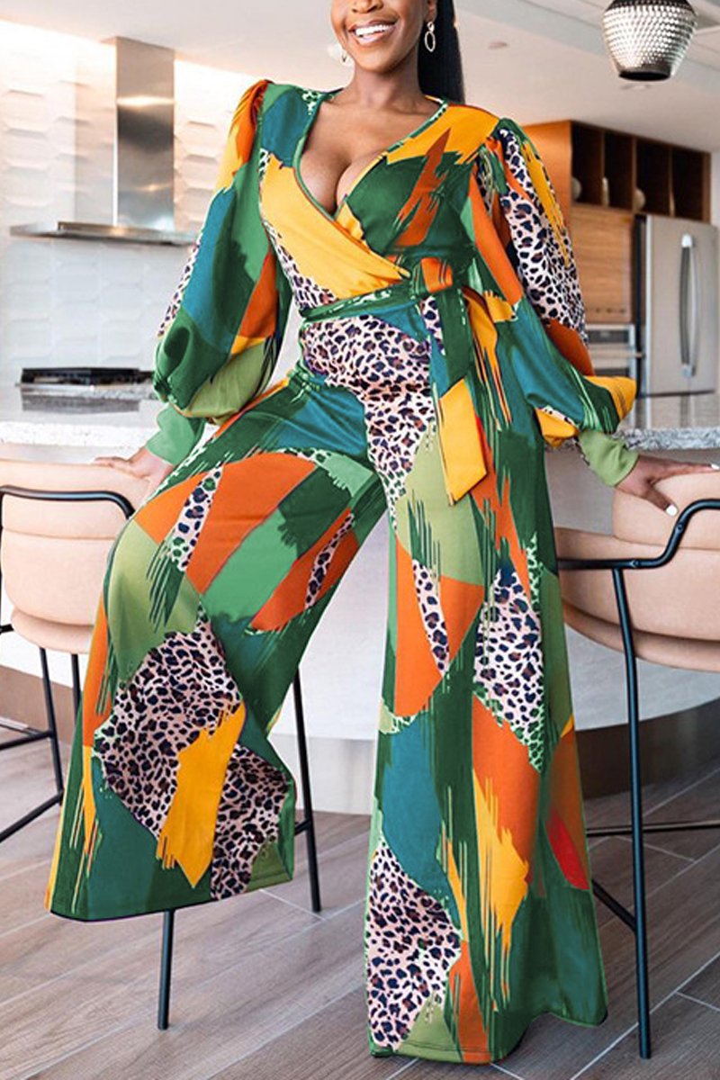 Plus Size Deep V Neck Print Belted Jumpsuit