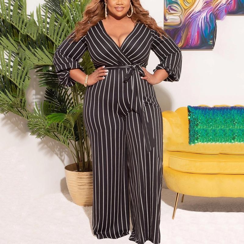 Plus Size Deep V Neck Belted Jumpsuit