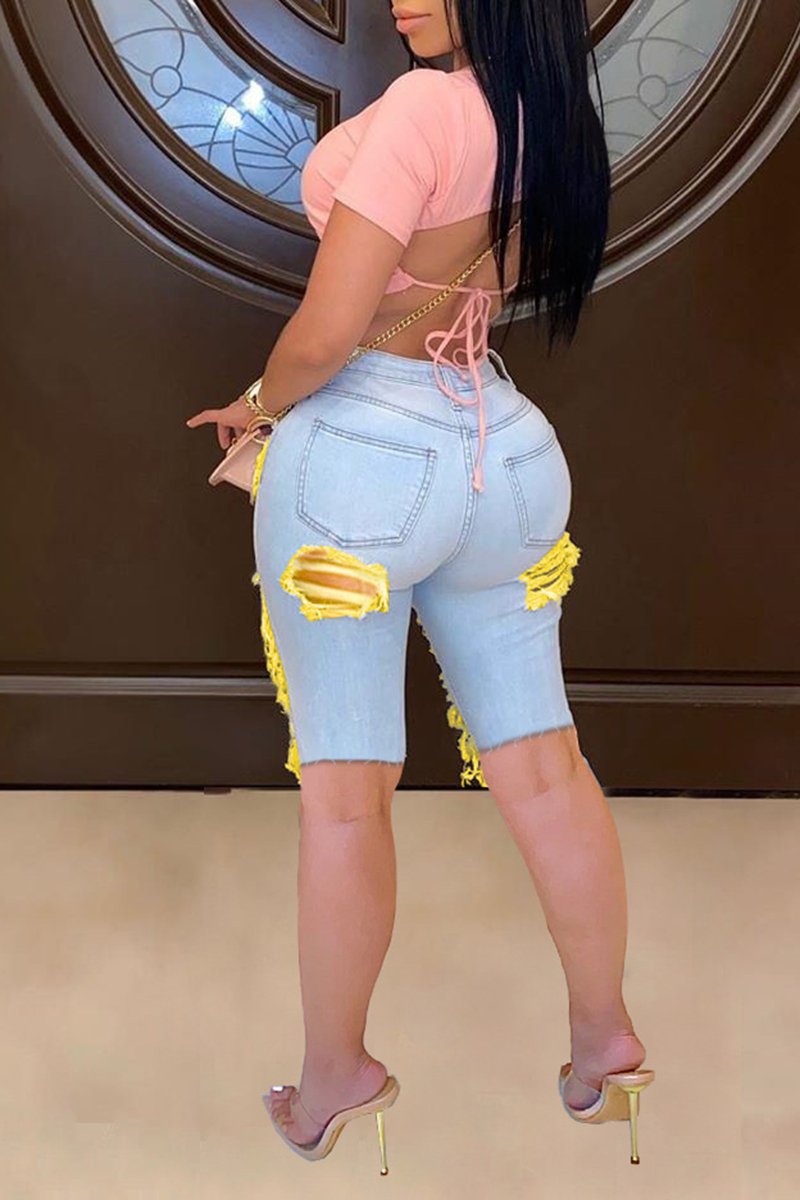 Plus Size Color Spliced Distressed Denim Shorts