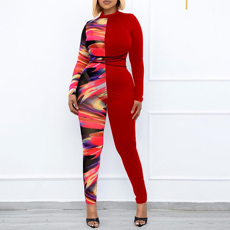 Plus Size Color Spliced Bandage Jumpsuit