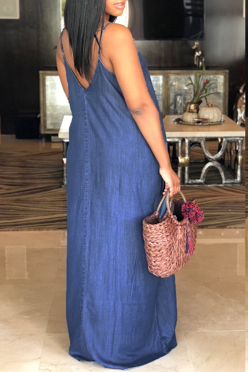 Plus Size Denim Spaghetti Straps Maxi Dress