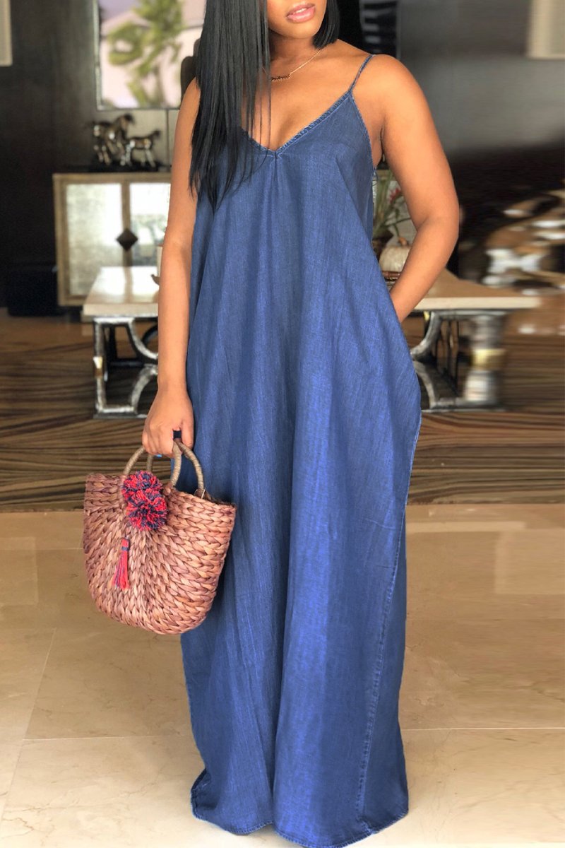 Plus Size Denim Spaghetti Straps Maxi Dress