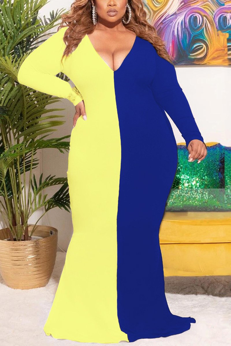 Plus Size Deep V Neck Patchwork Maxi Dress