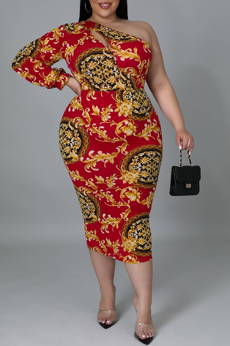 Plus Size Digital Print One Sleeve Midi Dress