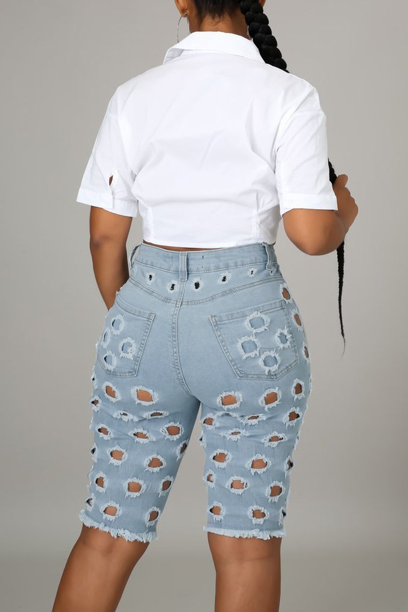 Plus Size Denim Hole Distressed Knee Length Shorts