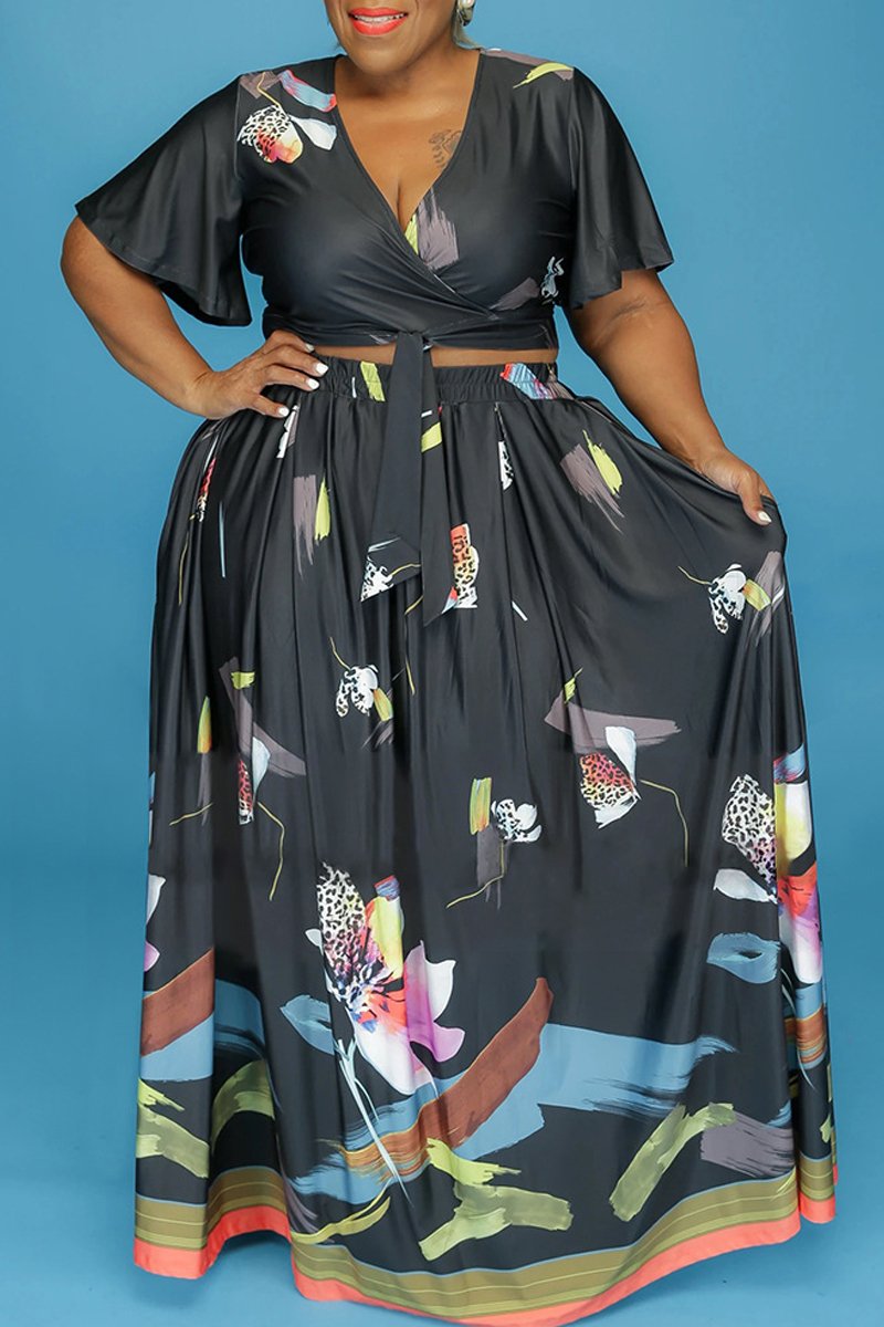 Plus Size Deep V Neck Lace-up Two Piece Sets