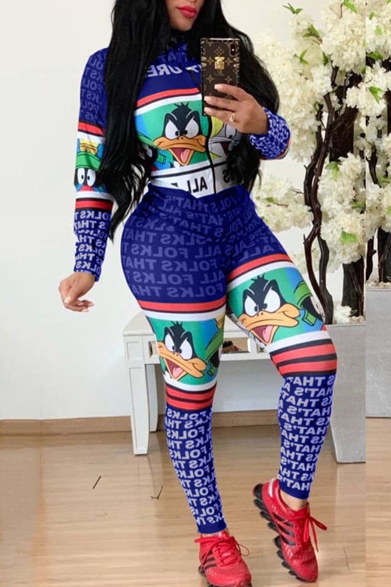 Plus Size Cartoon Print Zipper Up Jumpsuit
